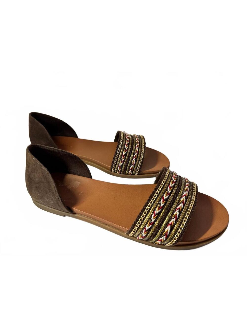 Andiamo Women's Size 11W Brown Open Toe Flat Sandals with Braided Straps